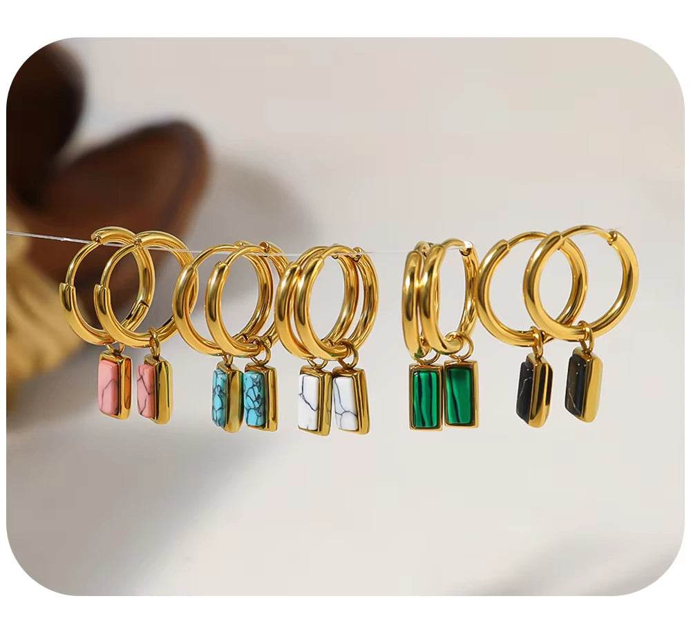18K Gold Plated Stainless Steel Hoop Huggie Earrings with Colorful Turquoise Stone Charms