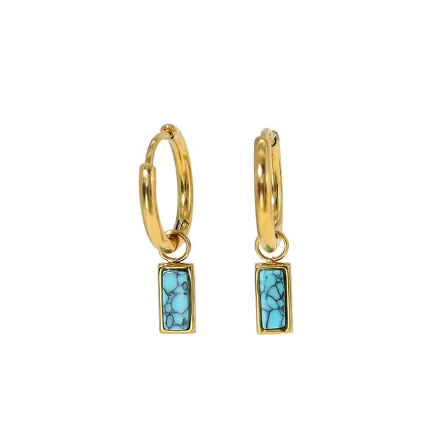 18K Gold Plated Stainless Steel Hoop Huggie Earrings with Colorful Turquoise Stone Charms