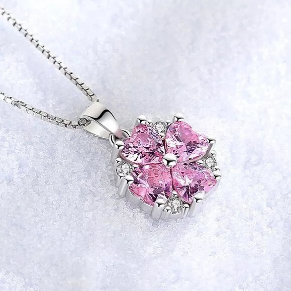 925 Sterling Silver Crystal Pink Flower Heart Pendant Necklace