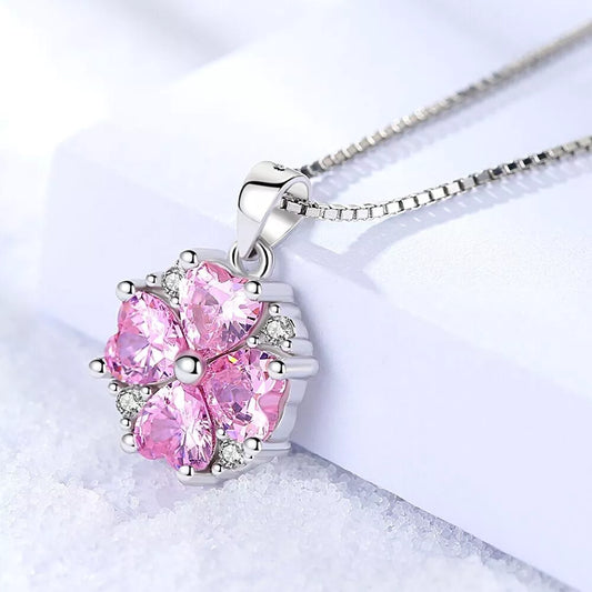925 Sterling Silver Crystal Pink Flower Heart Pendant Necklace