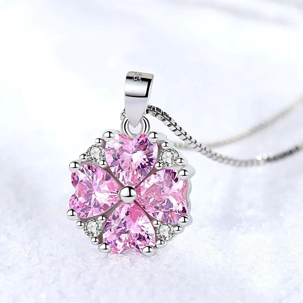 925 Sterling Silver Crystal Pink Flower Heart Pendant Necklace