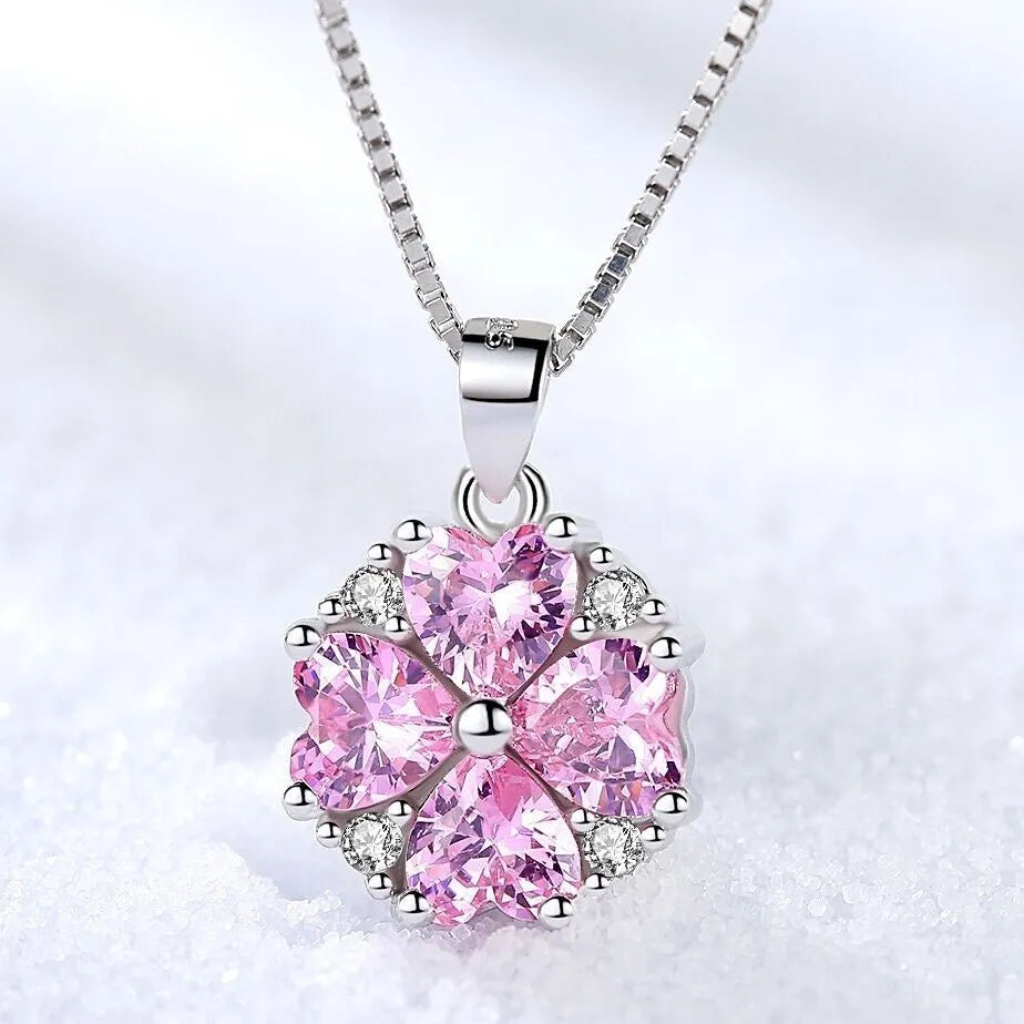 925 Sterling Silver Crystal Pink Flower Heart Pendant Necklace