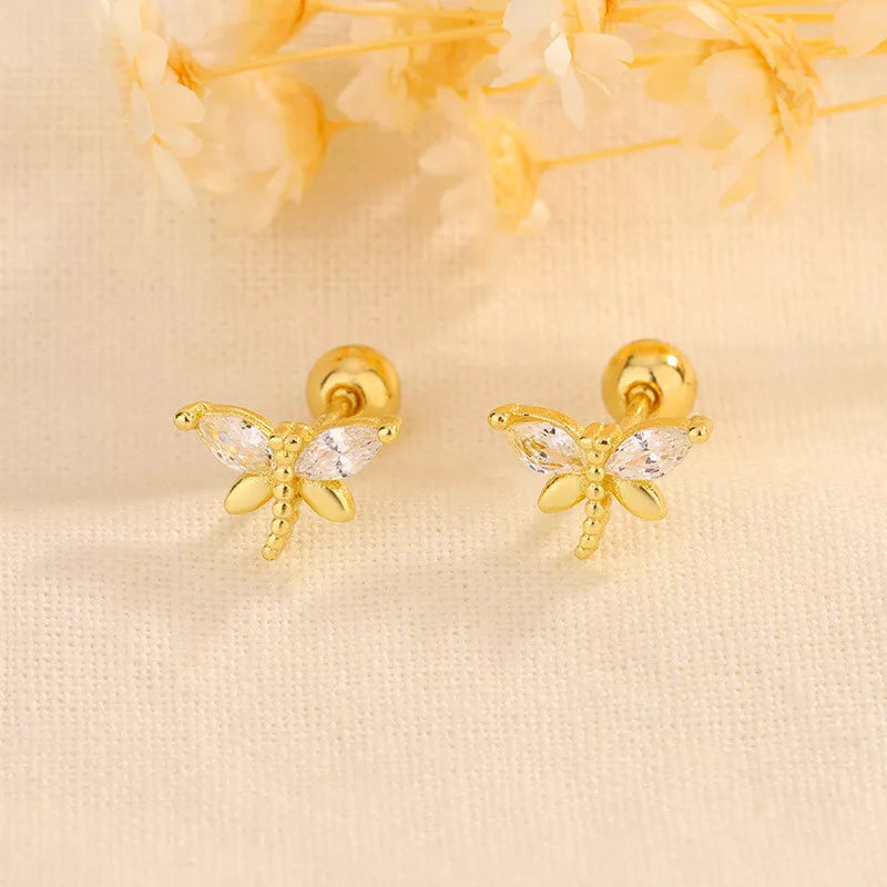 925 Sterling Silver/Gold Dragonfly CZ Stud Earrings – Elegant Women’s Jewellery Gift UK