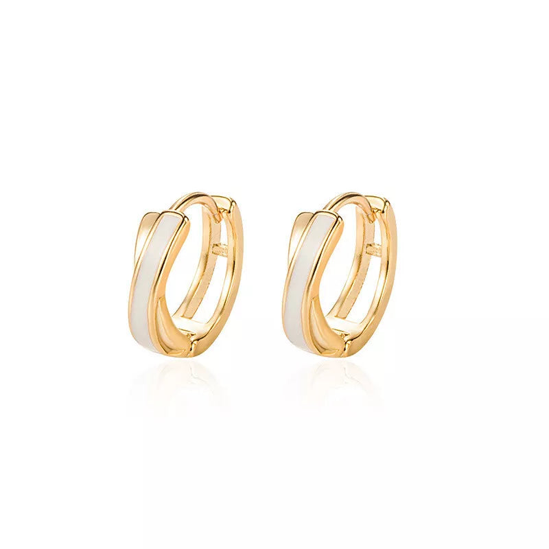 925 Sterling Silver Gold Plated X Twist White Hoop Huggie Earrings