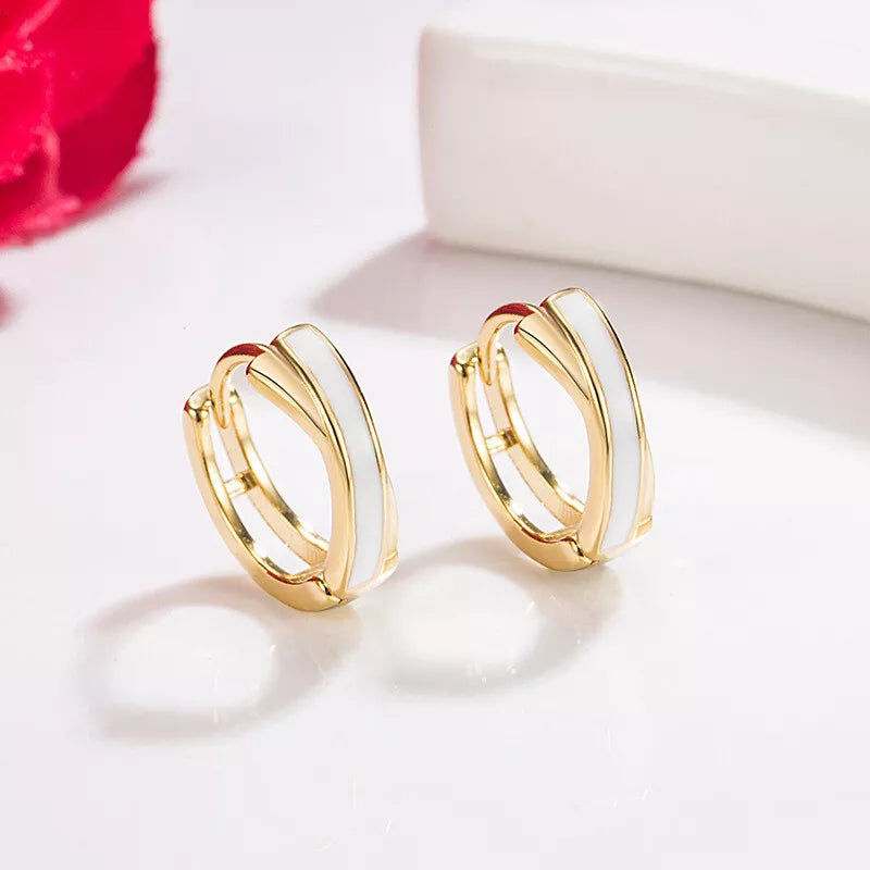 925 Sterling Silver Gold Plated X Twist White Hoop Huggie Earrings