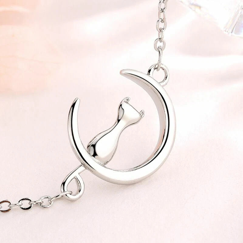925 Sterling Silver Moon & Cat Charm Bracelet – Cute Jewellery Gift for Women & Girls UK