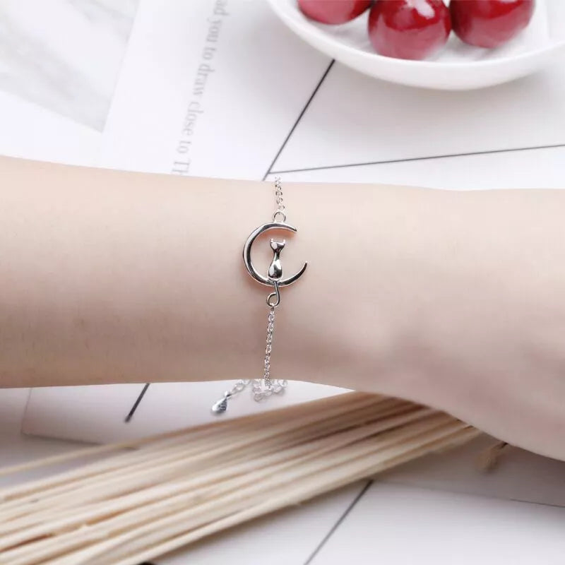 925 Sterling Silver Moon & Cat Charm Bracelet – Cute Jewellery Gift for Women & Girls UK