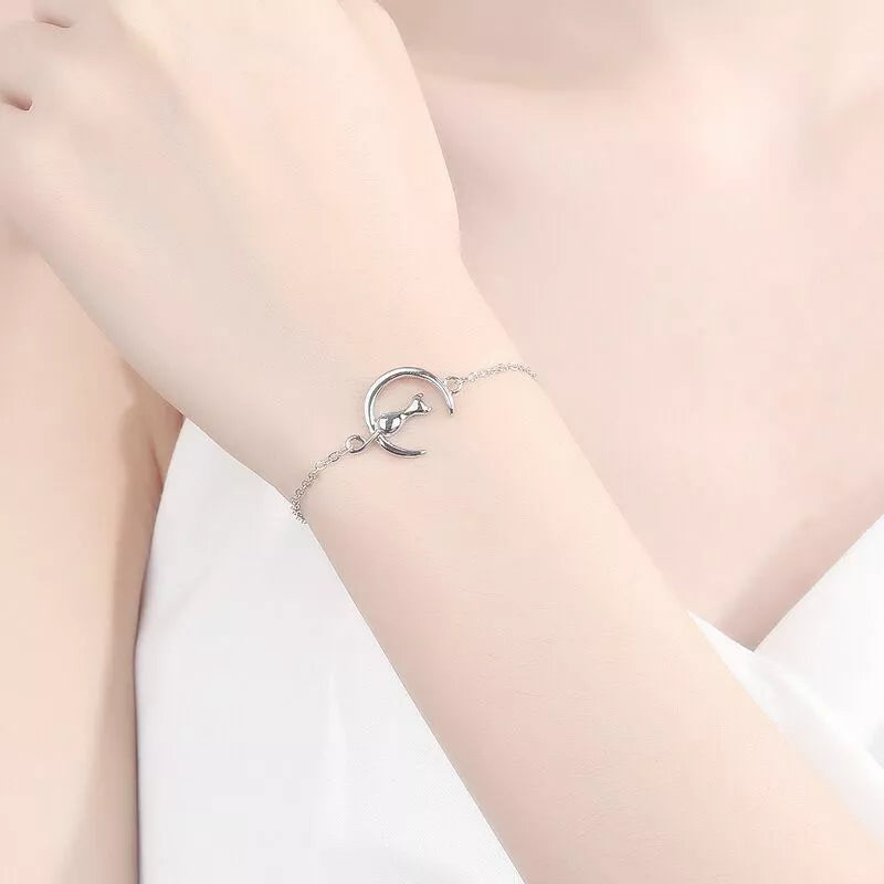 925 Sterling Silver Moon & Cat Charm Bracelet – Cute Jewellery Gift for Women & Girls UK
