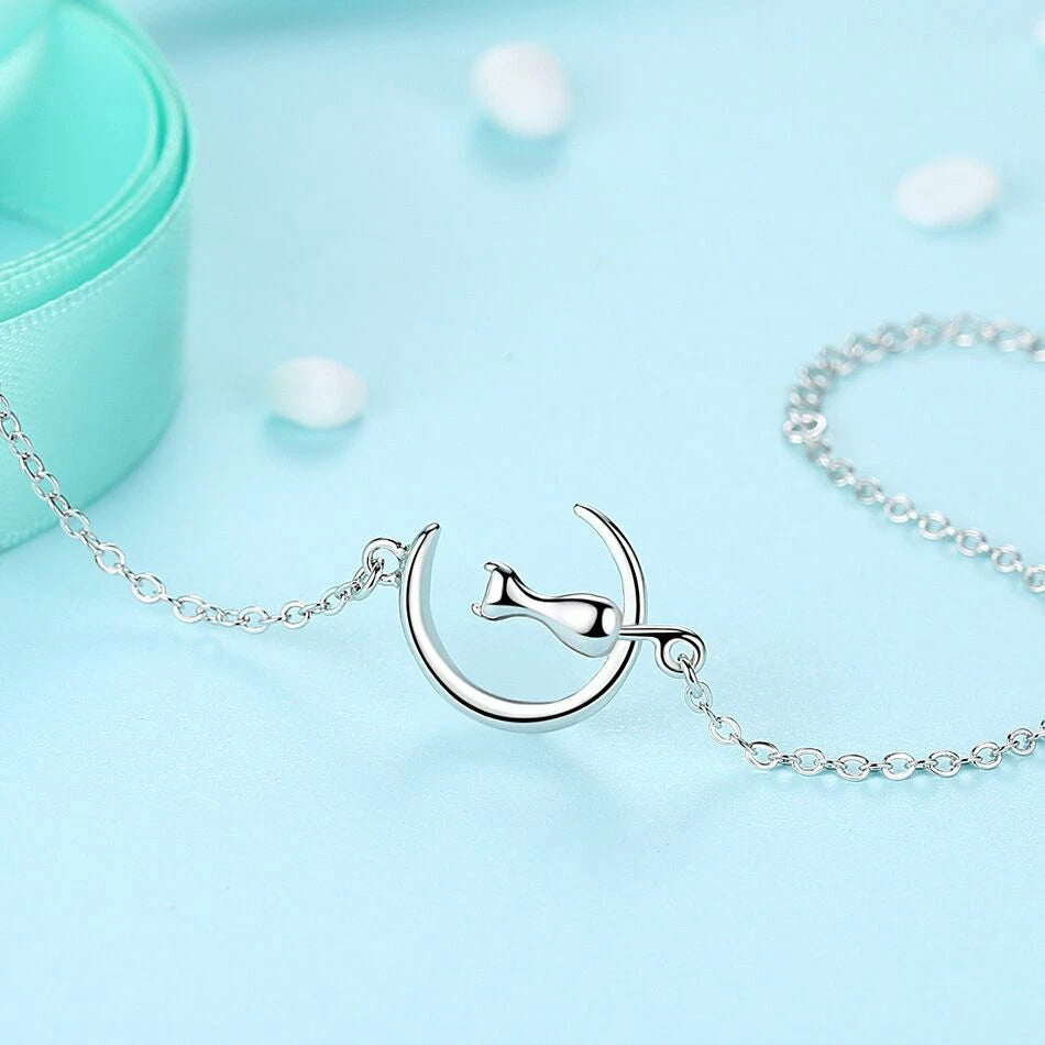 925 Sterling Silver Moon & Cat Charm Bracelet – Cute Jewellery Gift for Women & Girls UK