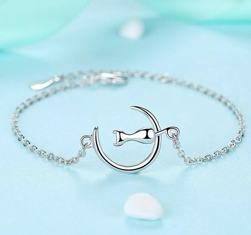 925 Sterling Silver Moon & Cat Charm Bracelet – Cute Jewellery Gift for Women & Girls UK