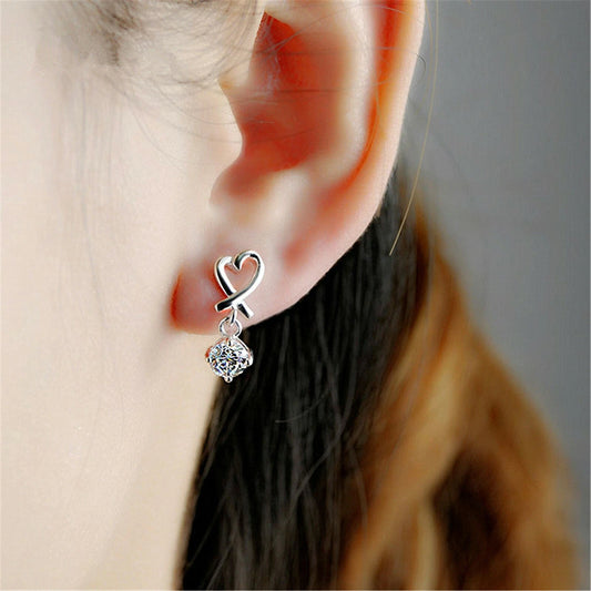 925 Sterling Silver Heart Ribbon Drop Earrings – CZ Dangle Studs S925 Women’s Gift Jewelry UK