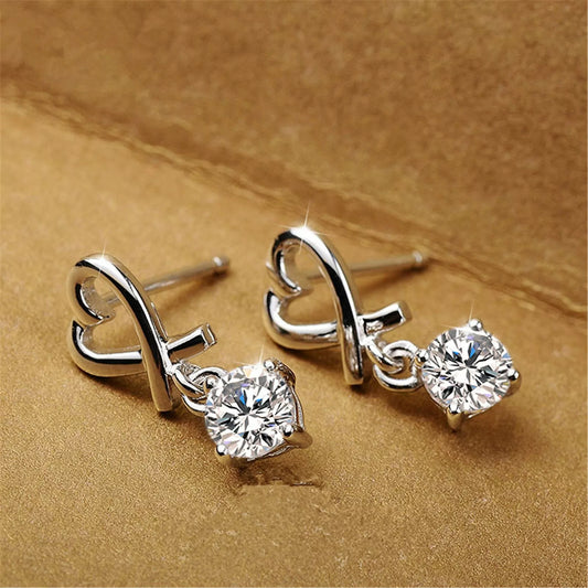 925 Sterling Silver Heart Ribbon Drop Earrings – CZ Dangle Studs S925 Women’s Gift Jewelry UK