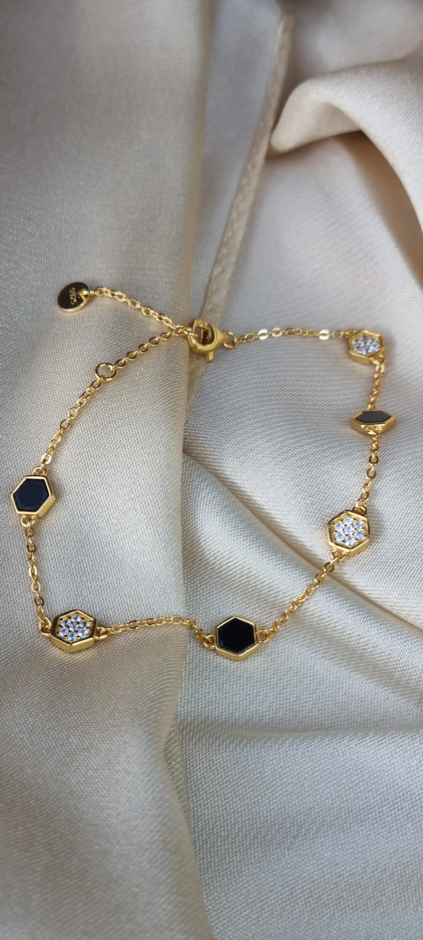 925 Silver 18K Gold Plated Black Agate Necklace and Bracelet Set