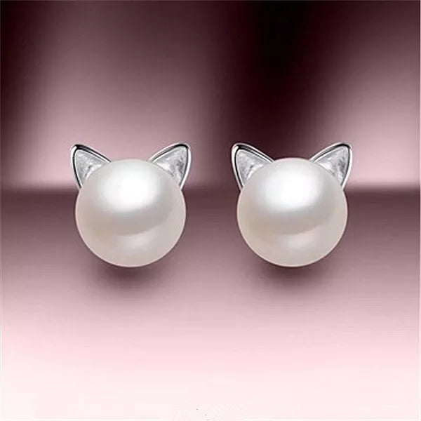 Cat Pearl Earrings Studs - 0.9cm