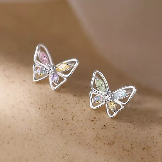 Crystal Butterfly Stud Earrings Colorful 925 Sterling Silver Women Jewellery Gift