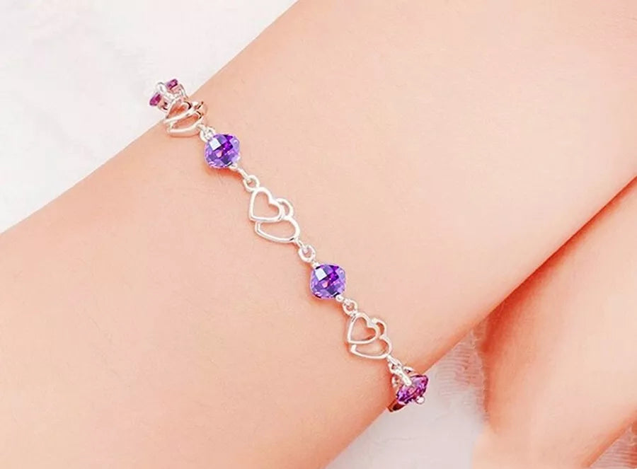 925 Sterling Silver Crystal Heart Charm Bracelet