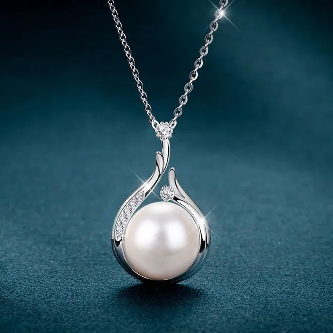925 Sterling Silver Crystal Pearl Drop Necklace and Hook Earrings