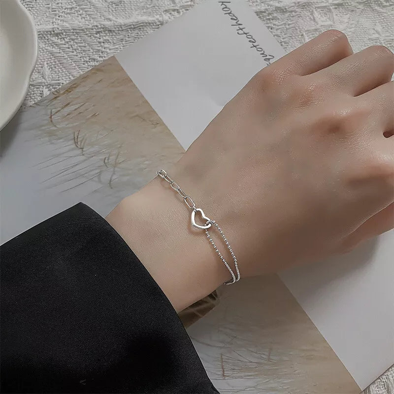 925 Sterling Silver Heart Chain Bracelet Minimalist Elegant Jewelry Perfect Gift for Women & Girls