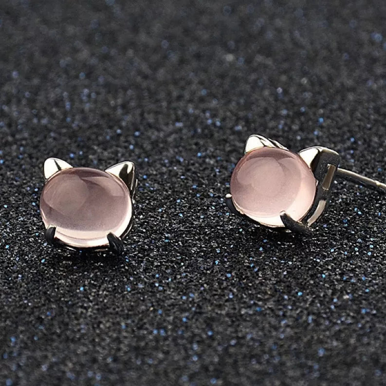 925 Sterling Silver Rose Gold Cute Cat Stud Earrings
