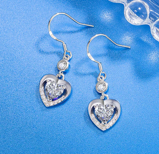 925 Sterling Silver Heart Drop Earrings – Dangle Hook Women’s Jewellery Gift UK, Romantic Designer Style
