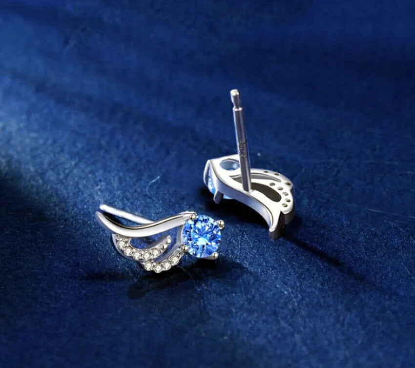 Blue Crystal Angel Wing Stud Earrings | Angel Earrings 925 Sterling Silver Women Jewellery