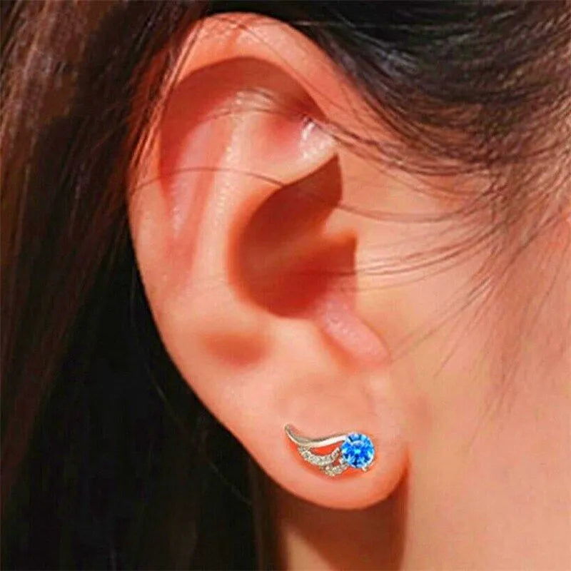 Blue Crystal Angel Wing Stud Earrings | Angel Earrings 925 Sterling Silver Women Jewellery