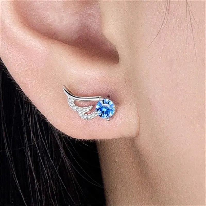 Blue Crystal Angel Wing Stud Earrings | Angel Earrings 925 Sterling Silver Women Jewellery