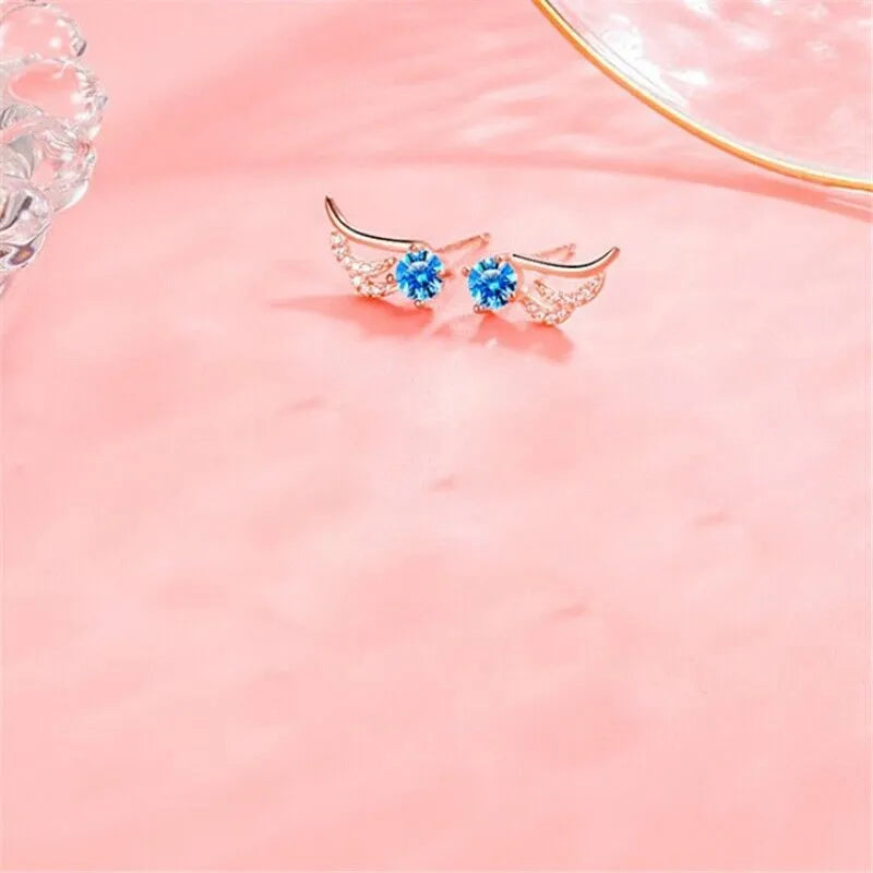 Blue Crystal Angel Wing Stud Earrings | Angel Earrings 925 Sterling Silver Women Jewellery
