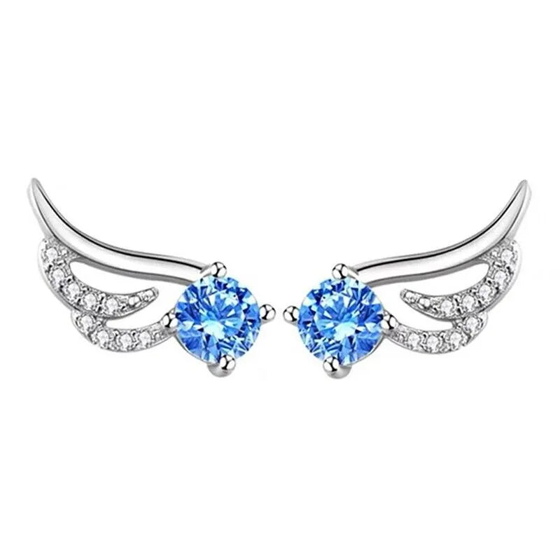 Blue Crystal Angel Wing Stud Earrings | Angel Earrings 925 Sterling Silver Women Jewellery