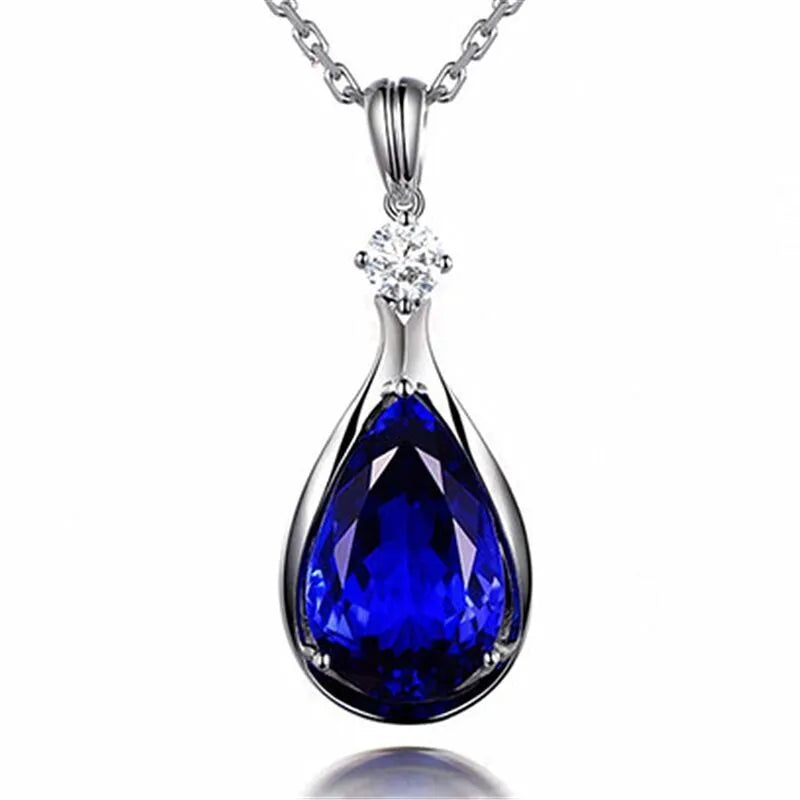 Blue Crystal Water Drop Pendant Necklaces | 925 Sterling Silver Tear Drop Necklace