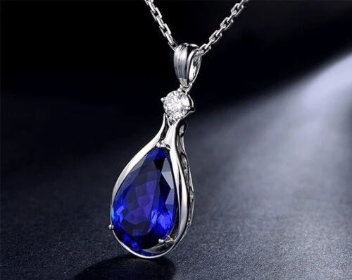 Blue Crystal Water Drop Pendant Necklaces | 925 Sterling Silver Tear Drop Necklace