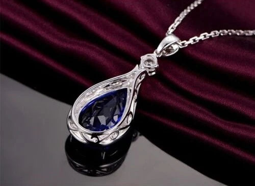 Blue Crystal Water Drop Pendant Necklaces | 925 Sterling Silver Tear Drop Necklace