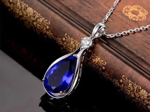 Blue Crystal Water Drop Pendant Necklaces | 925 Sterling Silver Tear Drop Necklace