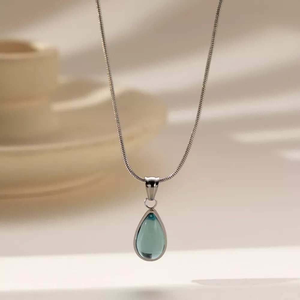 Elegant Green and Blue Teardrop Pendant Necklace | Simple & Stylish Titanium Steel Jewelry Gift