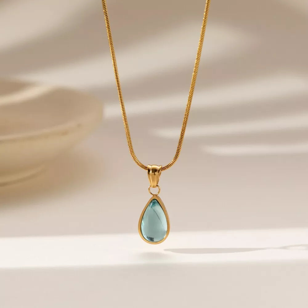 Elegant Green and Blue Teardrop Pendant Necklace | Simple & Stylish Titanium Steel Jewelry Gift
