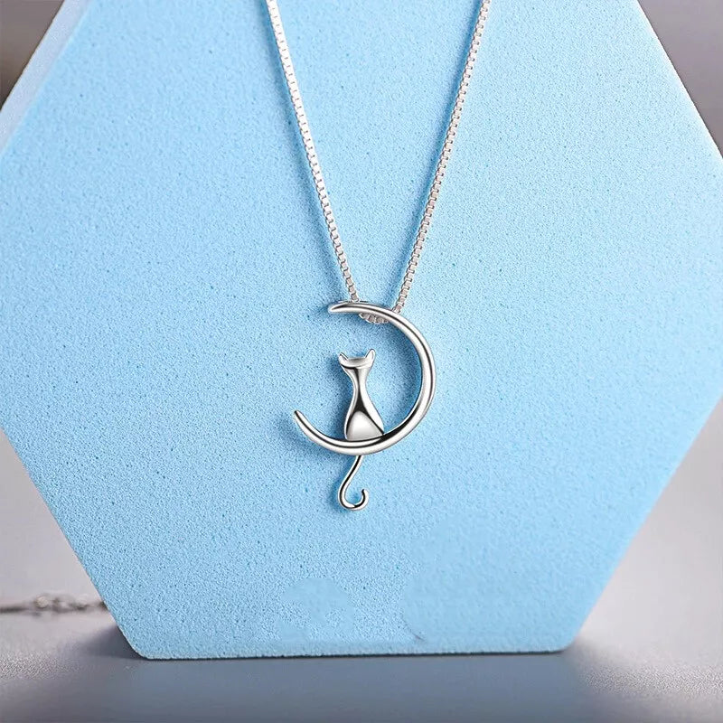 Cat Moon Stud Earrings and Pendant Necklace Set | 925 Sterling Silver Women's Jewellery Gift