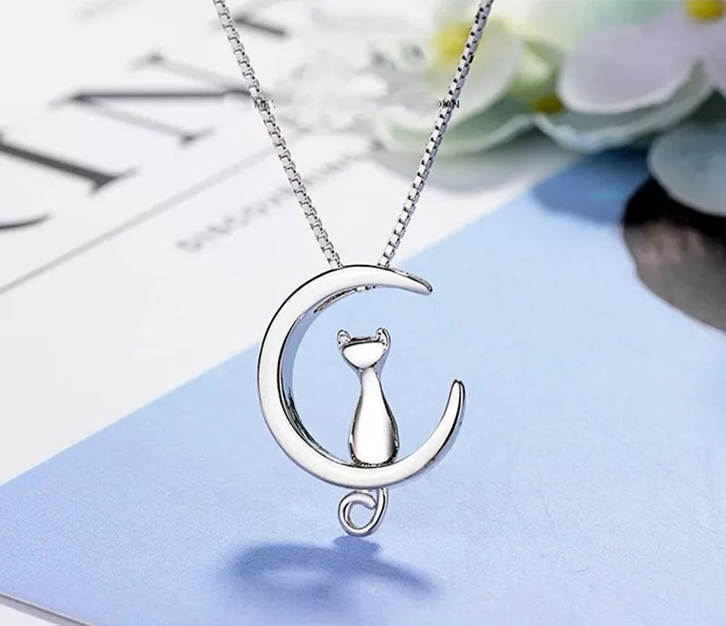 Cat Moon Stud Earrings and Pendant Necklace Set | 925 Sterling Silver Women's Jewellery Gift
