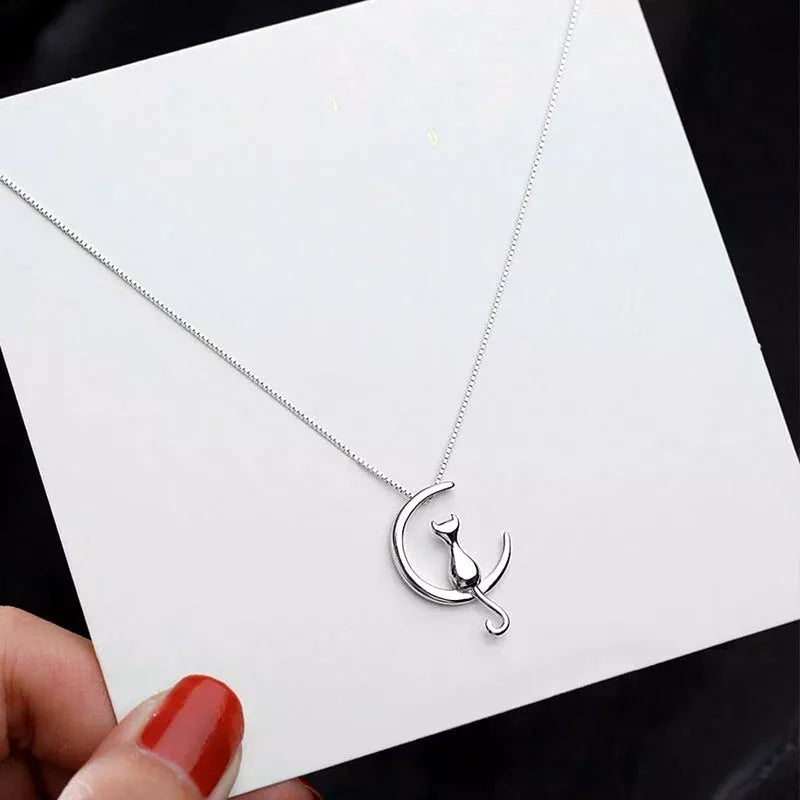 Cat Moon Stud Earrings and Pendant Necklace Set | 925 Sterling Silver Women's Jewellery Gift