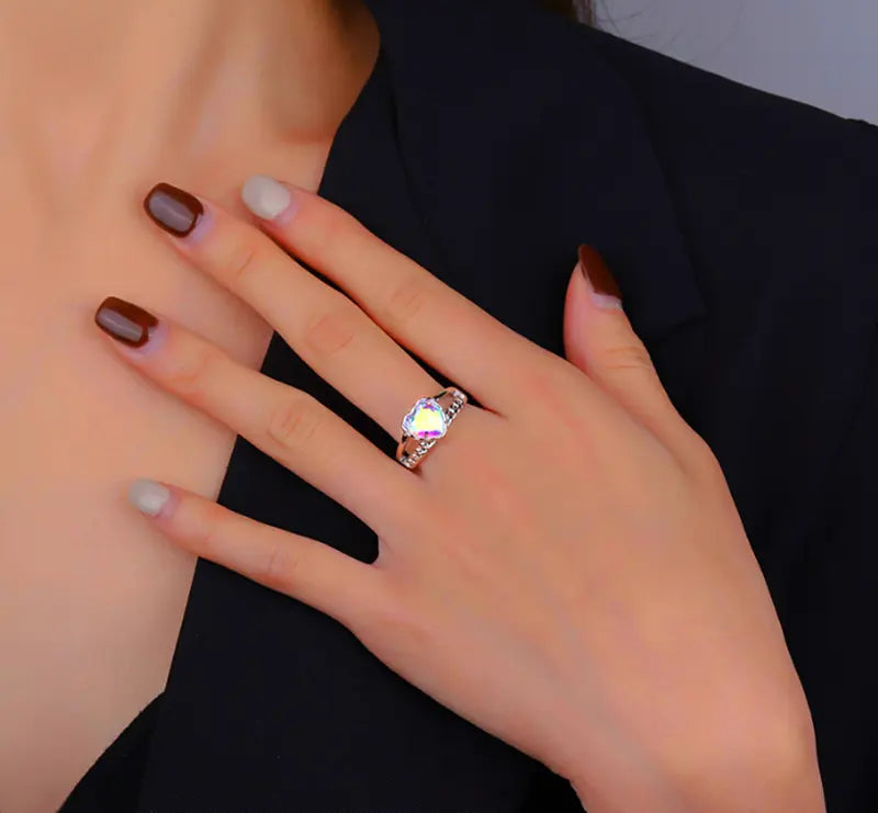925 Sterling Silver Colorful Heart Adjustable Ring