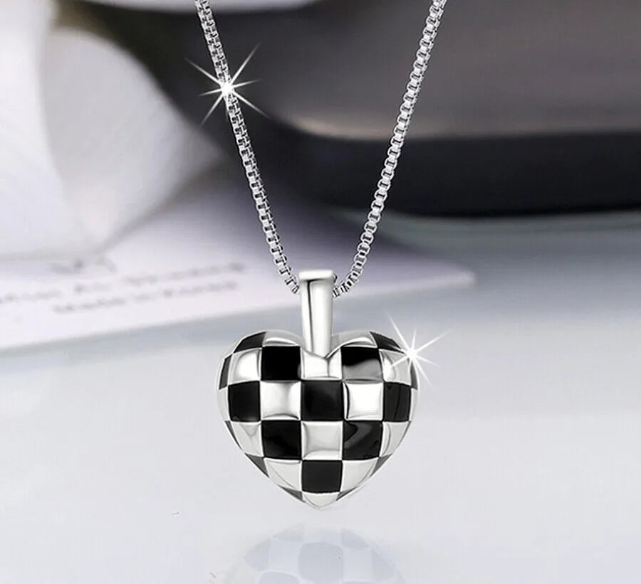 Checkerboard Necklace | 925 Sterling Silver Black and White Heart Necklace