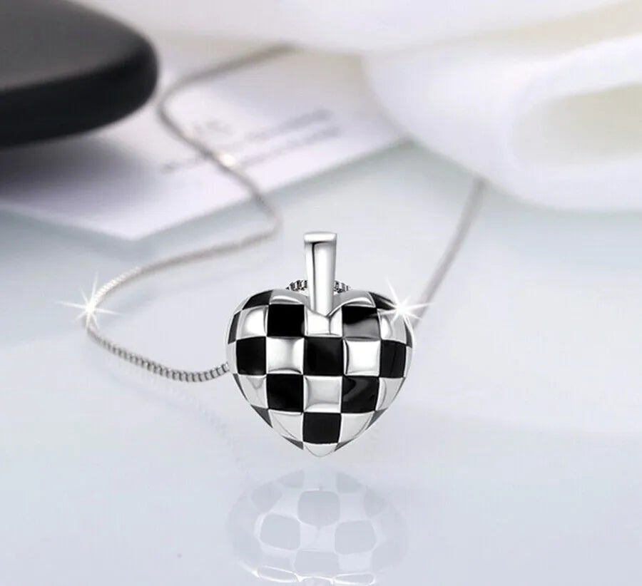 Checkerboard Necklace | 925 Sterling Silver Black and White Heart Necklace