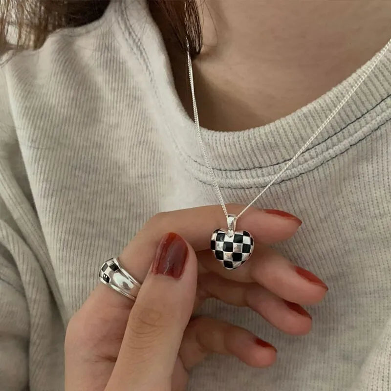 Checkerboard Necklace | 925 Sterling Silver Black and White Heart Necklace