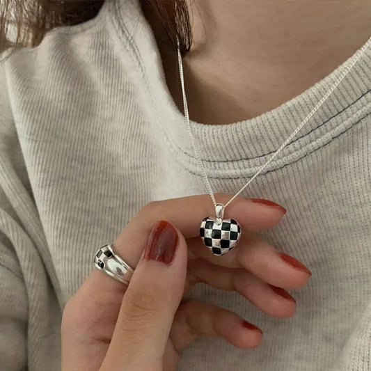 Checkerboard Necklace | 925 Sterling Silver Black and White Heart Necklace