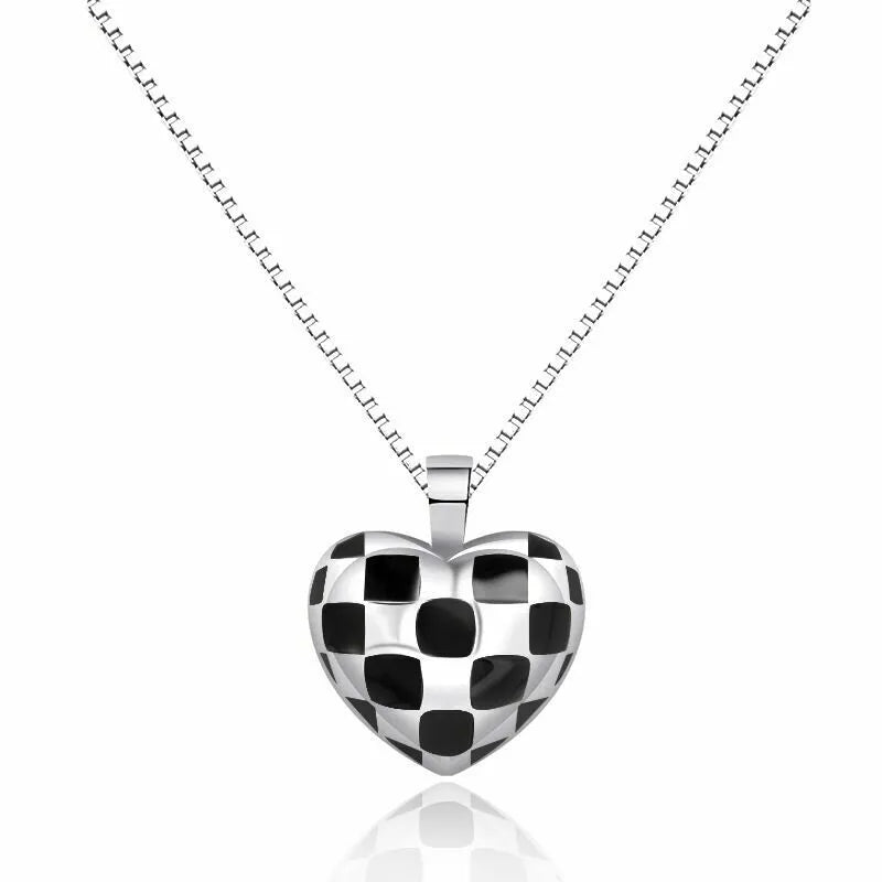 Checkerboard Necklace | 925 Sterling Silver Black and White Heart Necklace