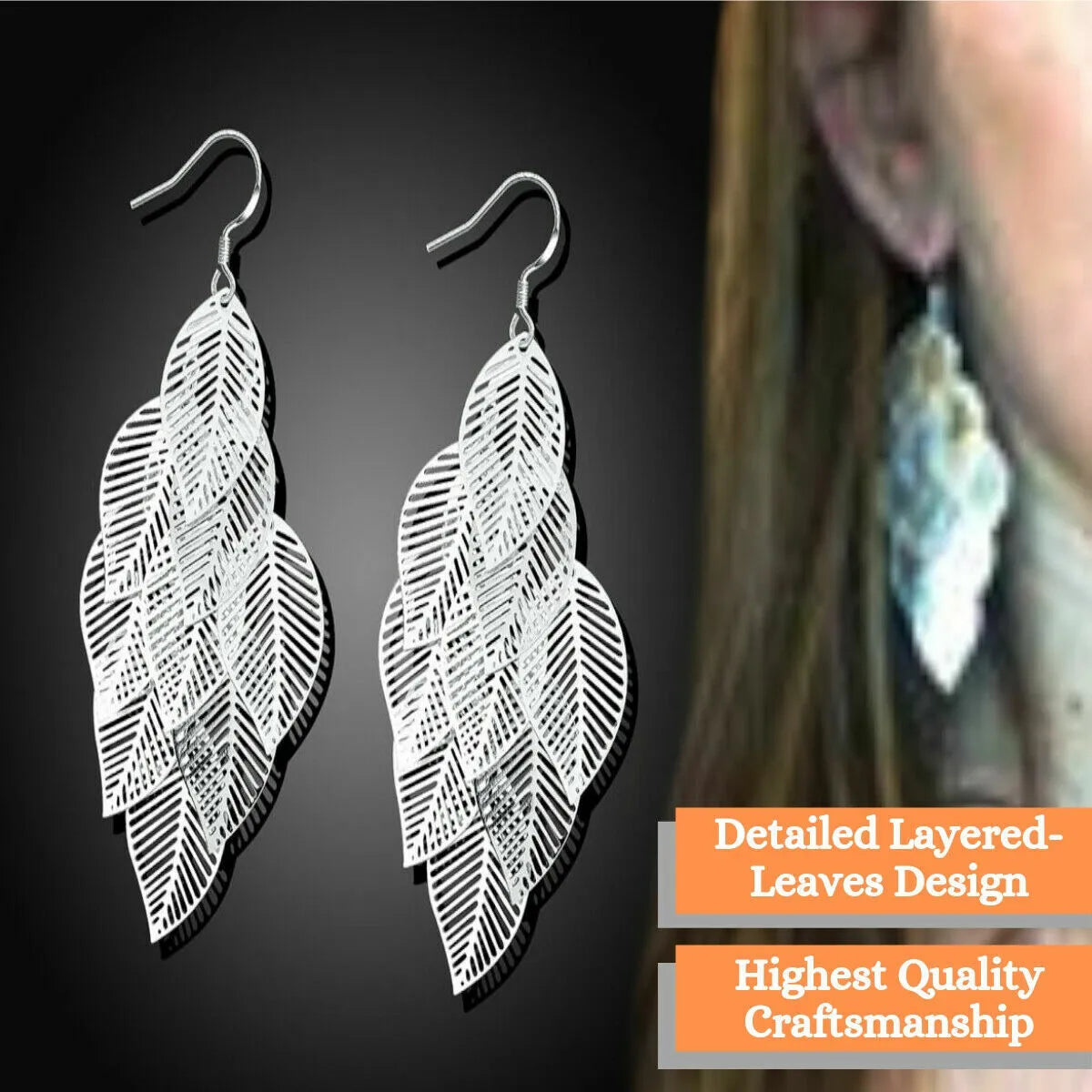 Classy Long Dangle Elegant Leaf Earrings | 925 Sterling Silver Multiple Layered Leaf Dangle Earrings