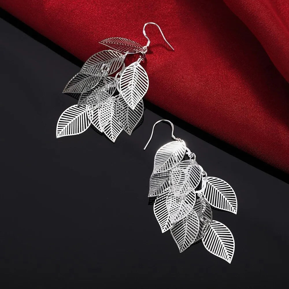 Classy Long Dangle Elegant Leaf Earrings | 925 Sterling Silver Multiple Layered Leaf Dangle Earrings