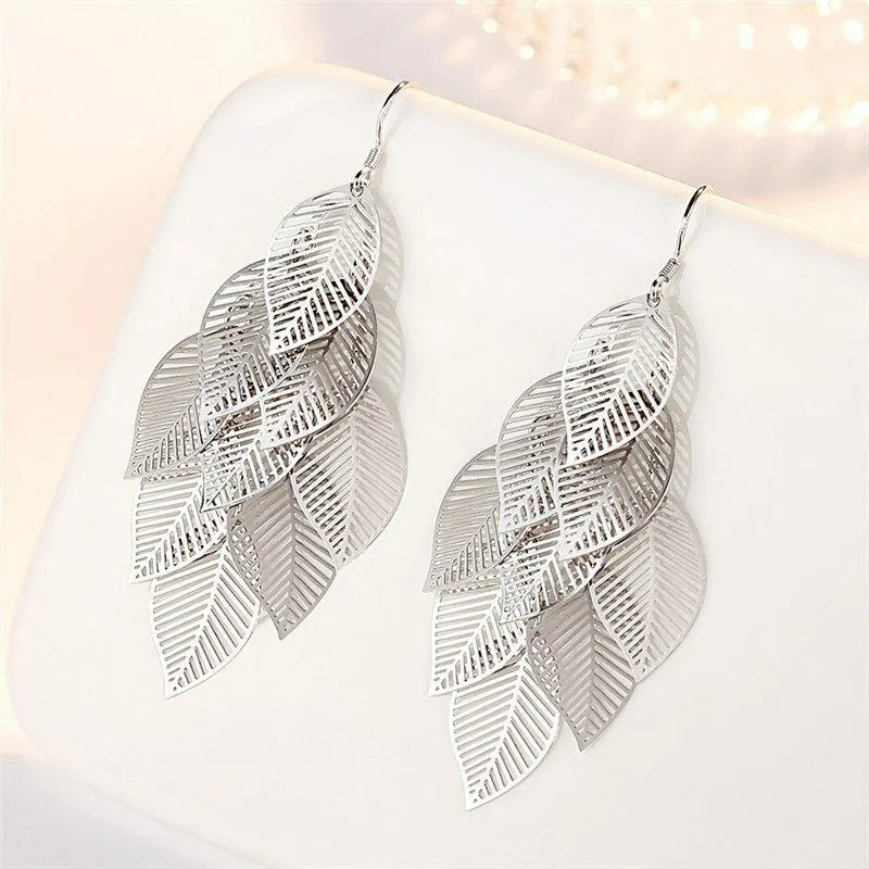 Classy Long Dangle Elegant Leaf Earrings | 925 Sterling Silver Multiple Layered Leaf Dangle Earrings