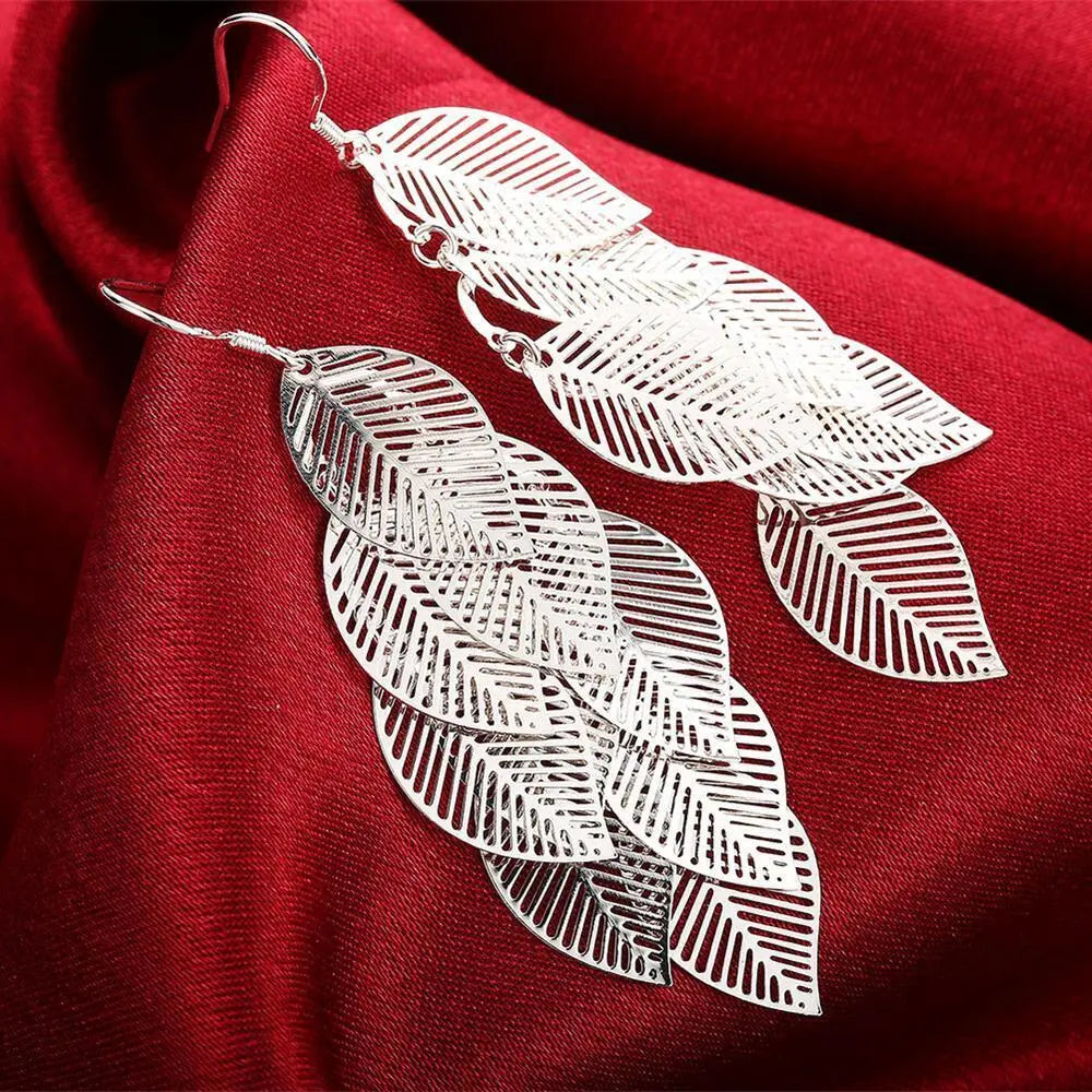 Classy Long Dangle Elegant Leaf Earrings | 925 Sterling Silver Multiple Layered Leaf Dangle Earrings