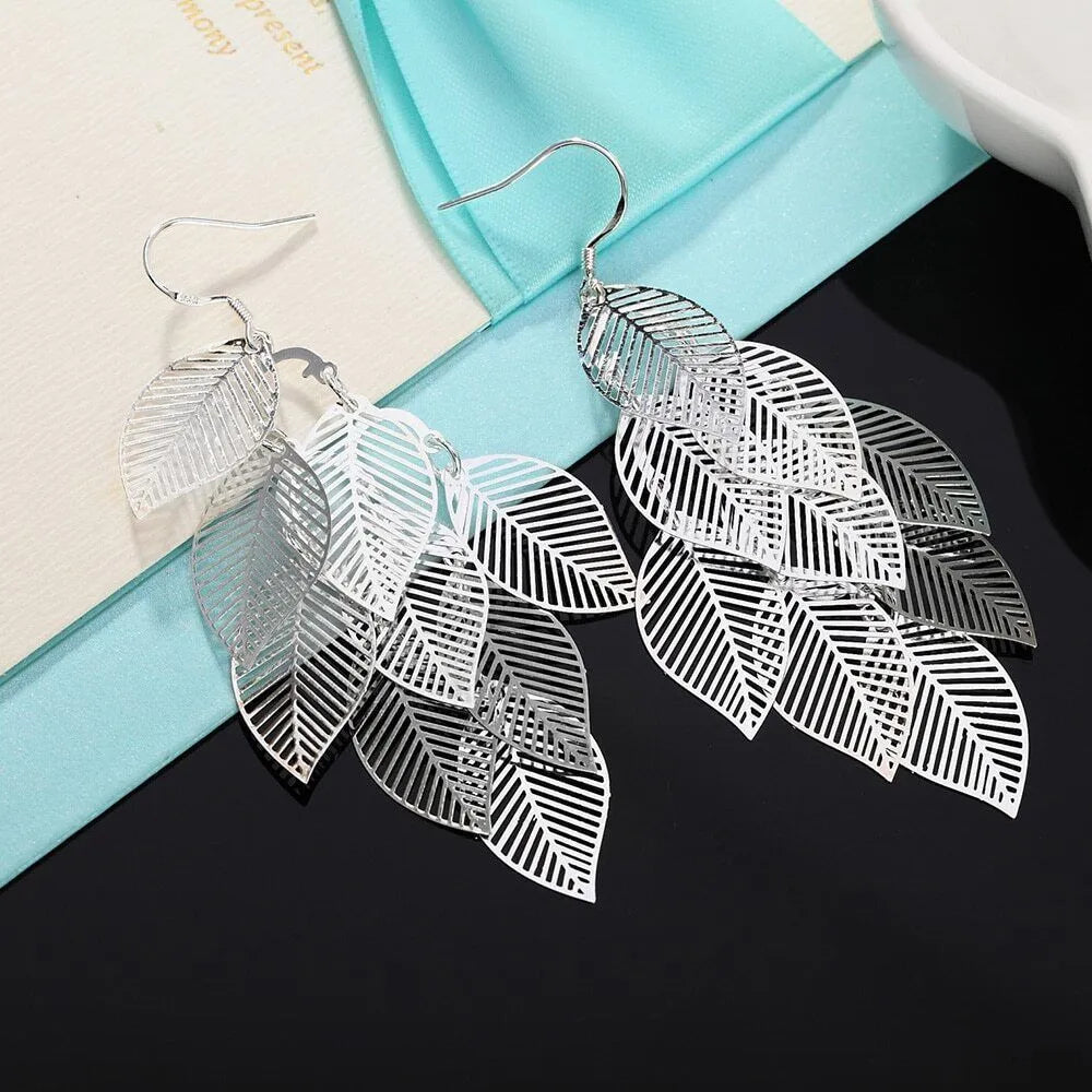 Classy Long Dangle Elegant Leaf Earrings | 925 Sterling Silver Multiple Layered Leaf Dangle Earrings