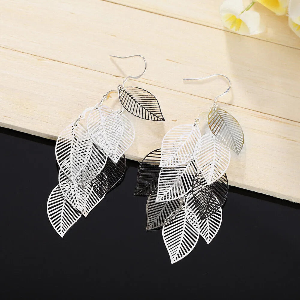 Classy Long Dangle Elegant Leaf Earrings | 925 Sterling Silver Multiple Layered Leaf Dangle Earrings